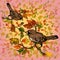 Illustration autumn. Birds on autumn background with red leaves.