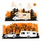 Illustration of autumn landscape with camper van on road top view, motorhome. Family trip. Drawing design for logo trip