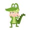 Illustration of baby in a crocodile fancy dress costume on white background