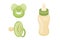 Illustration of baby pacifiers and bottles, baby items
