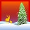 Illustration with background allusive to the theme of christmas. Characteristic winter landscape with snowing pine tree, and deer