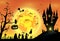 illustration background,festival halloween,full moon on dark night with many ghost and devil walking to castle for celebration ha