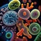 Illustration of bacteria of various types, shapes and colors under a microscope close-up on black, good biological background,