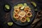 illustration, baked breaded squid rings served with sweet lemon slices, ai generative