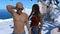 Illustration of a bald bare chested man wearing pants wearing sunglasses standing on a rooftop deck next to a long hair woman in a