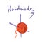 Illustration with a ball of thread with knitting needles. Orange yarn. Inscription handmade. Vector ball yarn with