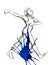 An illustration of a ballet dancer in black and white with a bright blue watercolor splash.