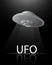 Illustration banner flying saucer UFO on a dark black background shines a beam of light on the inscription with a reflection for