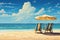 Illustration of a beach with two deckchairs and a beach umbrella, Chairs and umbrella in a tropical beach - Seascape Banner, AI