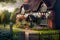 Illustration of beautiful English cottage with colorful garden flowers