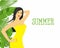 Illustration of a beautiful girl against the backdrop of exotic foliage. branches and leaves of tropical plants.