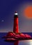 Illustration of a Beautiful Red Lighthouse on a Rocky Cliff in a Coastal Night Scene with a Full Moon