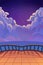 Illustration: The Beautiful Starry Night with Clouds. Balcony View. Realistic Cartoon Style Scene / Wallpaper / Background Design.