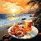 Illustration of a beautiful sunset dinner, a cup of beer with freshly cooked shrimp on the beach. Art of boiled shrimp with beer