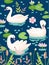 Illustration of Beautiful Swans with Water Lillies for Poster Print, Baby Greetings, Invitation, Children Store Flyer