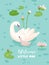 Illustration of Beautiful Swans with Water Lillies for Poster Print, Baby Greetings, Invitation, Children Store Flyer