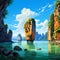 Illustration of a beautiful view of James Bond Island, Thailand