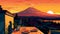 Illustration of beautiful view of Mediterranean village with volcano Vesuvius, Italy