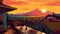 Illustration of beautiful view of Mediterranean village with volcano Vesuvius, Italy