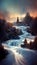 Illustration of beautiful wild nature landscape with waterfall and river from high mountains