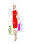 Illustration of beautiful woman in a red dress with shopping bags