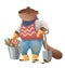 Illustration of the beaver like human in jeans and sweater holding a shovel and a bucket with tulip flowers