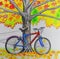 Illustration of bicycle leaning against maple tree