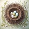 Illustration of bird eggs in a natural nest on a pastel mint green background