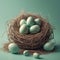 Illustration of bird eggs in a natural nest on a pastel mint green background