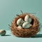 Illustration of bird eggs in a natural nest on a pastel mint green background