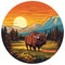 an illustration of a bison in the mountains at sunset