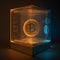 An illustration of bitcoin in physical form is placed in a transparent box from which golden rays are emitted.