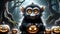Illustration of a black-furred monkey with a mischievous face sitting in a Halloween forest