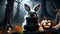 Illustration of a black furred rabbit with a mischievous face sitting in a Halloween forest