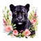 Illustration of a black panther with flowers around on a white background.