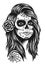 Illustration of black and white skull girl with rose in hairs