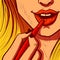 Illustration of a blonde woman\\\'s hand applying lipstick on her lips. Closeup vector of a girl putting on lip gloss