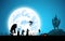 Illustration blue background,festival halloween concept,full moon on dark night with many ghost,scarecrow