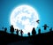 Illustration blue background,festival halloween concept,full moon on dark night with many ghost,scarecrow