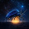 Illustration of a blue beetle in the night starry sky. generative AI