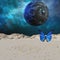 Illustration of a blue butterfly on a barren world with a planet rising in the background