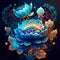 Illustration of blue and orange lotus flowers on a dark background. AI Generated