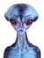 Illustration of a blue skin alien with a large cranium and red eyes looking forward
