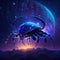 Illustration of a blue spider in the night sky. 3d rendering AI Generated