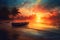 Illustration with the boat anchored on the shore at a beautiful sunset or sunrise