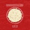 Illustration of boiled white rice in watercolor sketchy dish and chopsticks on grunge red background. Top view.