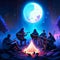 Illustration of a bonfire in the forest at night and a group of musicians playing music AI Generated