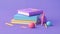 An illustration of books, textbooks, pencils, and pens on a purple background. A stack of colorful schoolbooks and