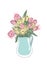 Illustration of a bouquet of tulips in a jug in beautiful pastel colors in line art style