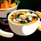 Illustration of a bowl of chicken soup with vegetables on a black background Generative AI